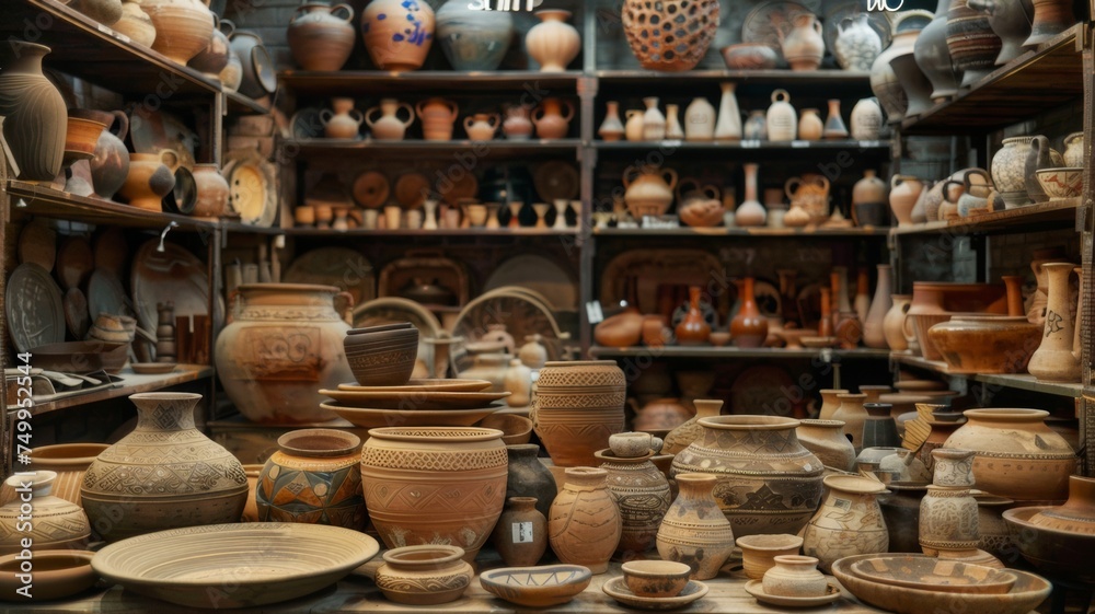 A pottery shop, a place where handmade ceramics and pottery items are sold, showcasing artisanal craftsmanship and creativity.