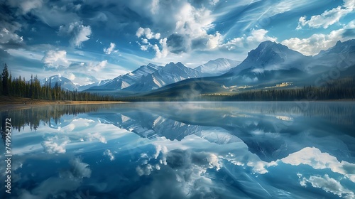Document the serene reflection of mountains in a still lake
