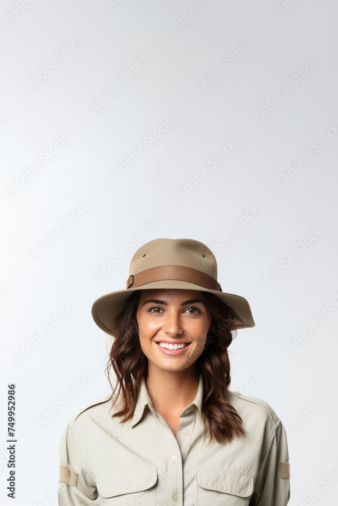 A portrait of a young female zookeeper, donning her safari uniform, stands against a solid background, exuding confidence and dedication. A portrait of a young female zookeeper, donning her safari uniform, stands against a solid background, exuding confidence and dedication.
