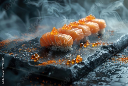 sushi sashimi on black stone with smoke