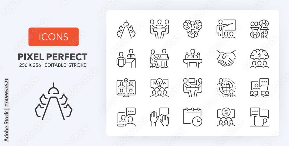 Meeting, thin line icon set. Outline symbol collection. Editable vector stroke. 256x256 Pixel Perfect scalable to 128px, 64px... - obrazy, fototapety, plakaty 