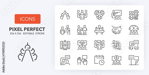 Meeting, thin line icon set. Outline symbol collection. Editable vector stroke. 256x256 Pixel Perfect scalable to 128px, 64px... photo