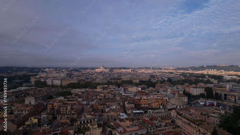 Aerial view of Rome with Vatican City in the background. Cityscape of the capital city of Italy from above, Europe.