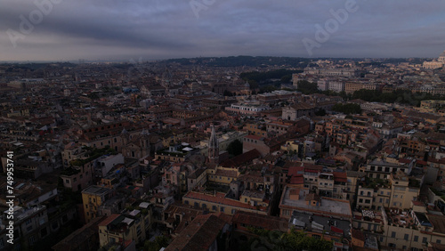 Aerial view of the cityscape of Rome, center of "The Eternal City" with historic houses and narrow streets - landscape panorama of Italy from above, Europe.