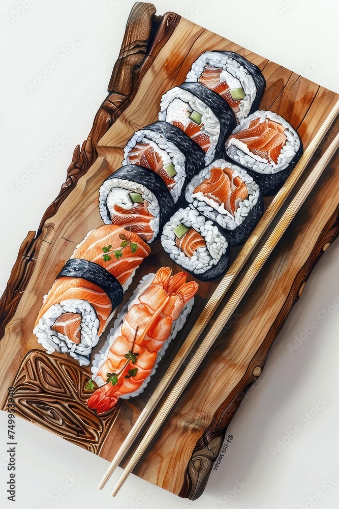 tasty sushi on a wooden plate
