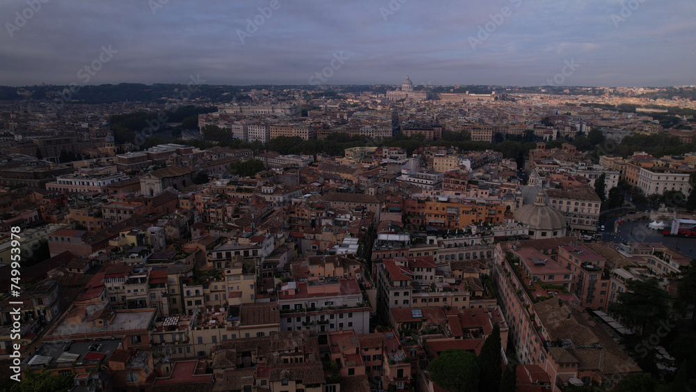Aerial view of Rome with Vatican City in the background. Cityscape of the capital city of Italy from above, Europe.
