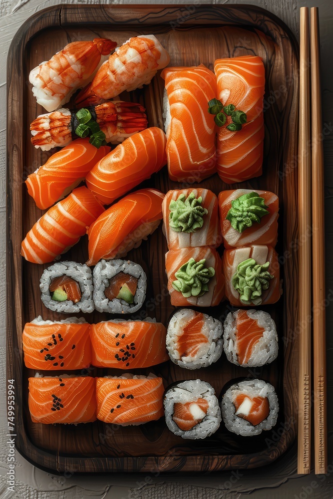 tasty sushi on a wooden plate