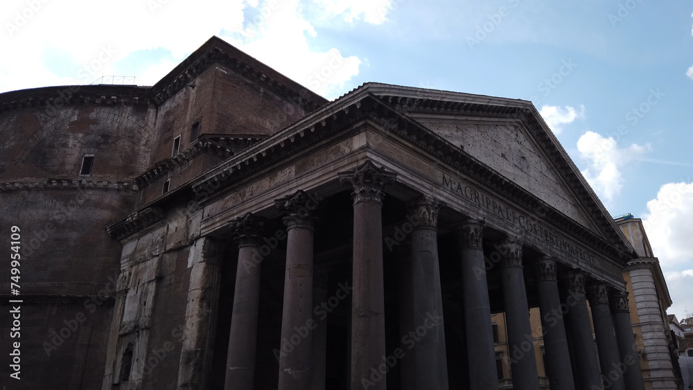 The Roman Pantheon is the best-preserved building from ancient Rome, Italy, and was completed in c. 125 CE. Latin letters mean: 