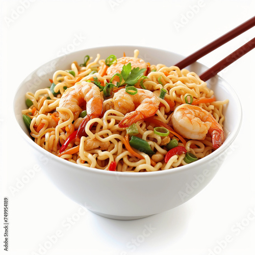Spicy asian fried noodles with prawn, served on bowl, isolated on white background