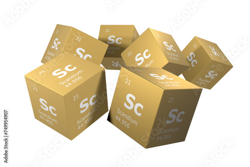 Scandium, 3D rendering of symbols of the elements of the periodic table, atomic number, atomic weight, name and symbol. Education, science and technology. 3D illustration