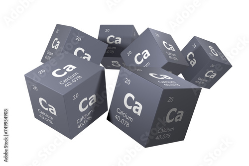 Calcium, 3D rendering of symbols of the elements of the periodic table, atomic number, atomic weight, name and symbol. Education, science and technology. 3D illustration