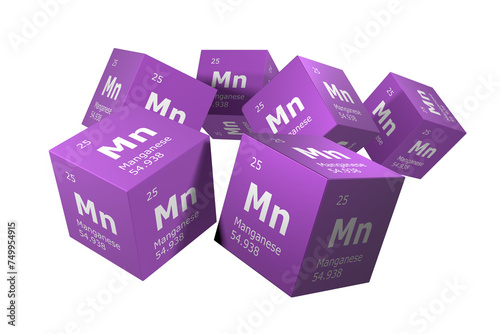 Manganese, 3D rendering of symbols of the elements of the periodic table, atomic number, atomic weight, name and symbol. Education, science and technology. 3D illustration