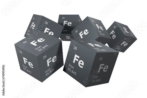 Iron; 3D rendering of symbols of the elements of the periodic table, atomic number, atomic weight, name and symbol. Education, science and technology. 3D illustration photo