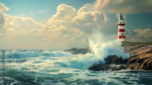 Coastal lighthouse with waves crashing against the rocks, with copy space