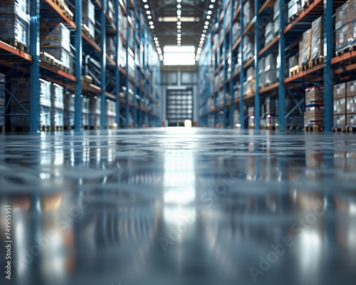 Spacious Modern Warehouse with Organized Shelves. Logistic and business concept..Spacious Modern Warehouse with Organized Shelves.Spacious Modern Warehouse with Organized Shelves.