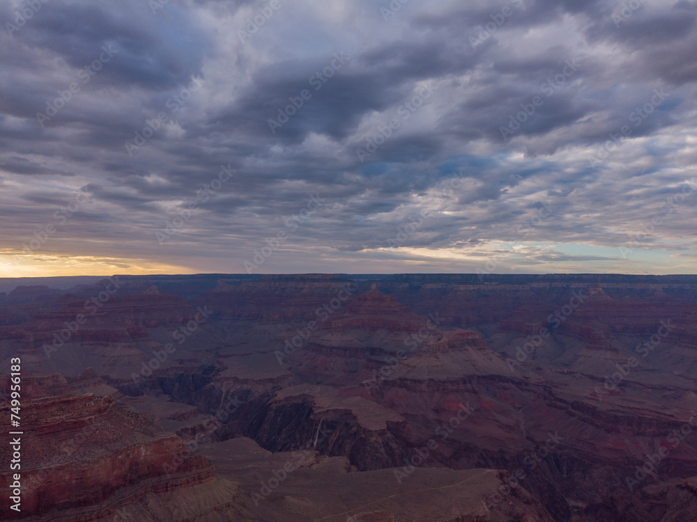 The South Rim of the Grand Canyon National Park, carved by the Colorado River in Arizona, USA. Amazing natural geological formation. The Yavapai Point at sunset.