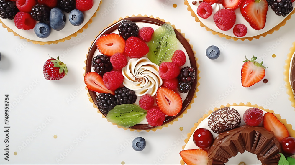 Luxury tartlets on white table top view chocolate