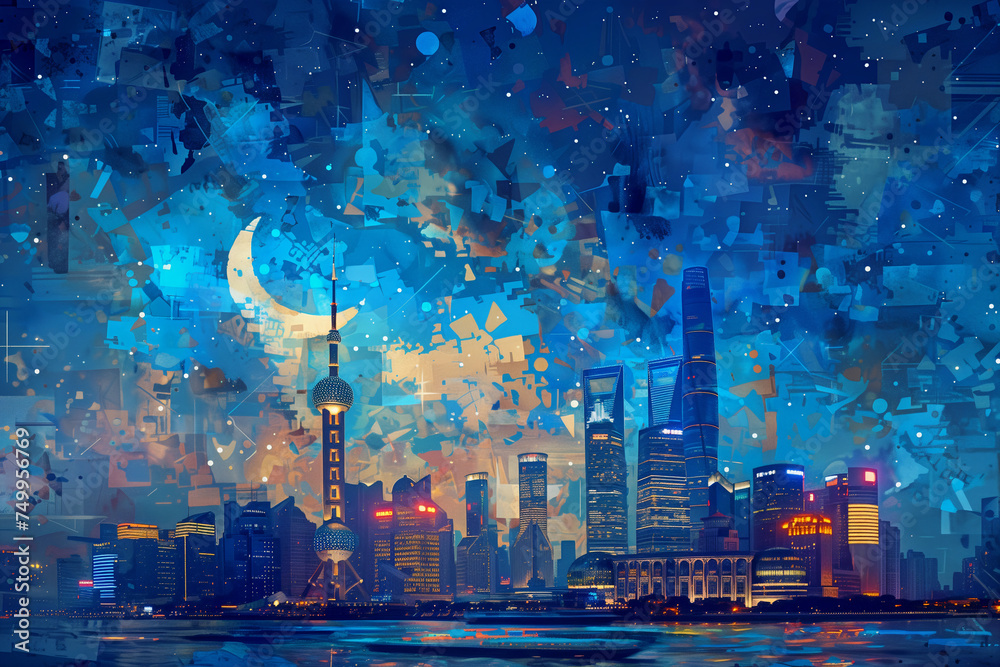Fototapeta premium Shanghai skyline at night illustration artwork moonlit mosaic geometric shapes concept