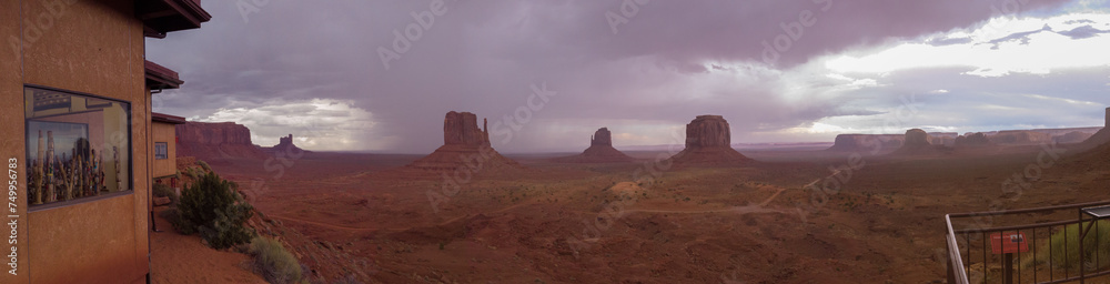 Monument Valley Navajo Tribal Park in Arizona, USA. View of a storm over the Sentinel Mesa, West Mitten Butte, East Mitten Butte, Merrick Butte, the Elephant Butte Monuments and Mitchell Mesa.