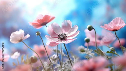 Beautiful pink flowers anemones fresh spring morning on nature and flying blue butterfly on soft blue background