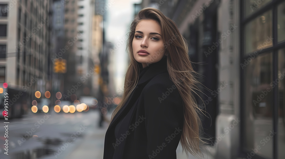 Elegant Woman Posing on a Busy City Street Wearing All Black Clothing Elegant Woman Posing on a Busy City Street Wearing All Black Clothing