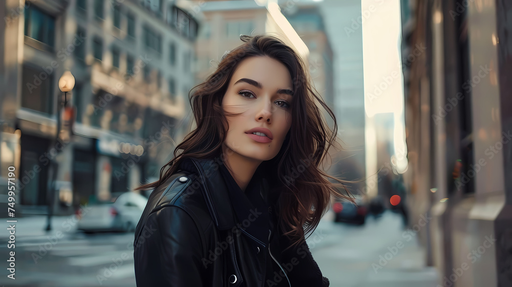 Urban Portrait of a Young Woman in a Black Leather Jacket at Dusk