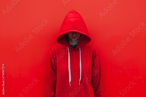 A red hoodie on a simple, solid background. Hoodie mockup. Ghost mannequin
