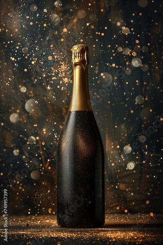 bottle of champagne with a cork on a dark blurred background.