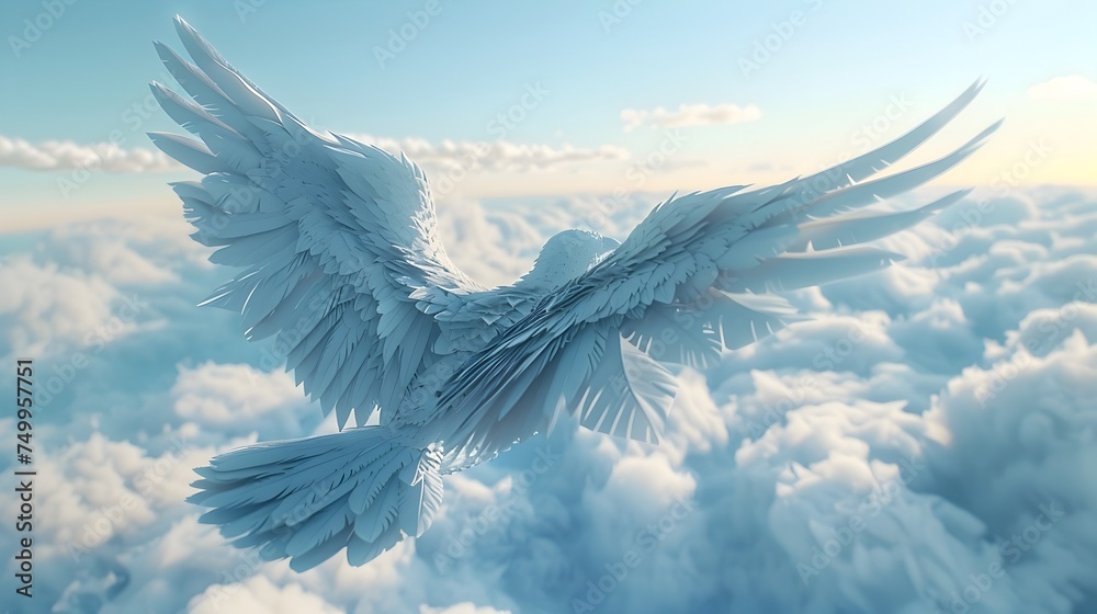 Dove Flying Above Grey Clouds in Realistic Style Dove Flying Above Grey Clouds in Realistic Style