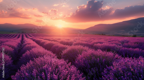 beautiful lavender fields in the summer sunset