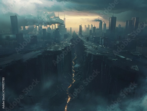 Dystopian Futuristic Cityscape with Waterfall and Ocean