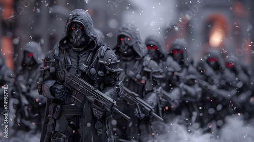 Dystopian Winter Battle Soldiers in Snowy Cityscape