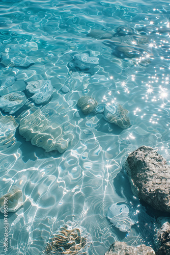 blue ocean surface with sun rays