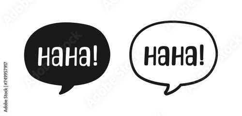 Haha laughing speech bubble sound effect icon. Cute black text lettering outline and silhouette set vector illustration.