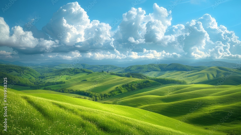Verdant rolling hills stretching into the distance under a dramatic cloudy sky, Rolling green hills extending away in blue sky with fluffy clouds