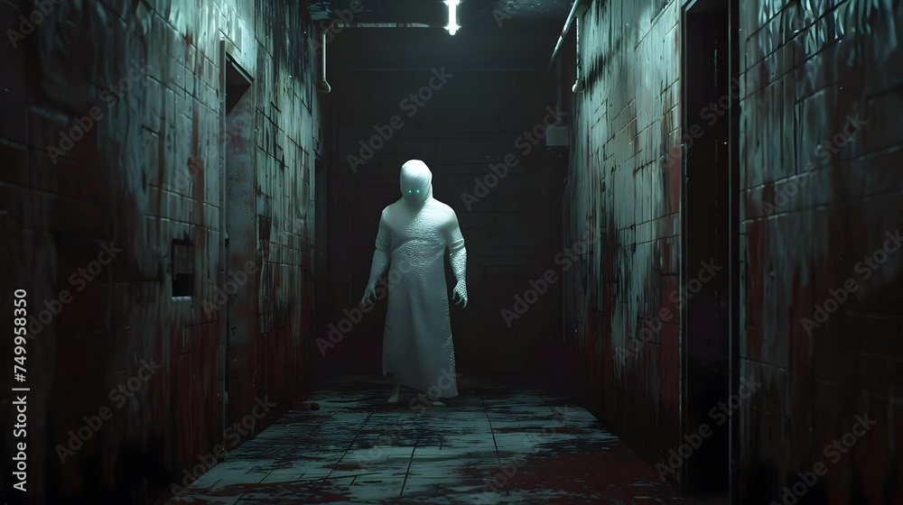 Man in White Robe Walking in a Fenced Corridor in an Otherworldly Style Man in White Robe Walking in a Fenced Corridor in an Otherworldly Style
