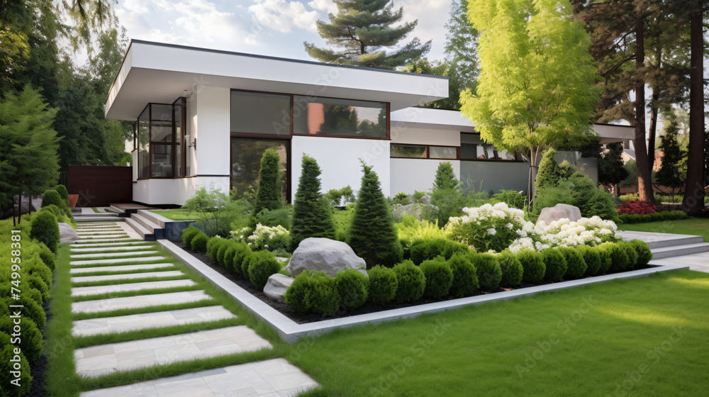Modern front yard with beautiful garden and white