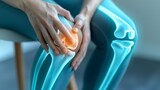 Man Experiencing Severe Knee Joint Pain. clutching their knee in pain with glowing areas indicating the focal point of discomfort. arthritis symptoms, osteoarthritis, leg injury