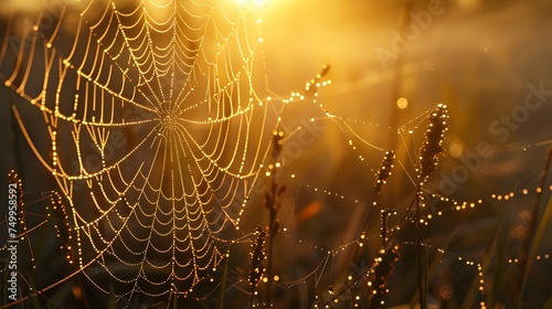 Spiderweb at Sunrise with Dew Drops and Golden Hues