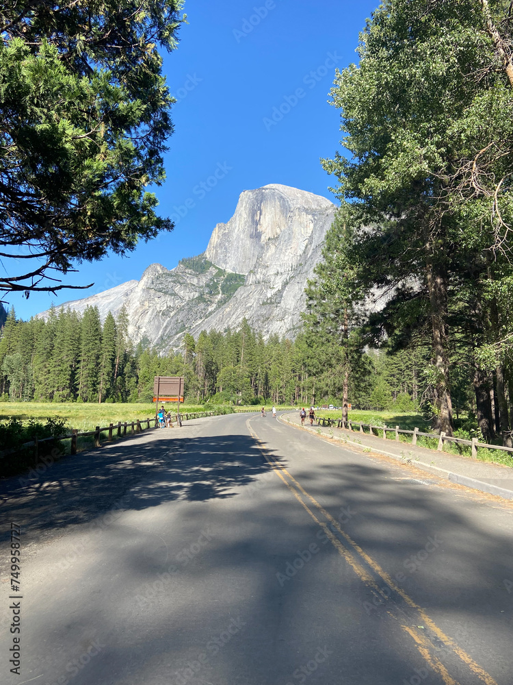 The Half Dome is a granite dome at the eastern end of Yosemite Valley in Yosemite National Park, California, USA. View of the Yosemite Valley from just east of Yosemite Village.