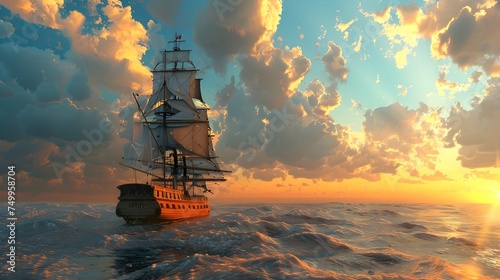 Tall Ship Sailing in Ocean Photorealistic Fantasy