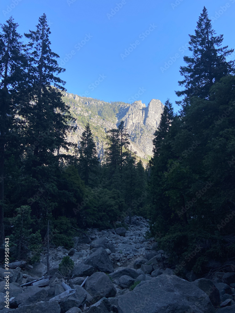 View of the completely dry Lower Yosemite Falls Vista Point. Part of North America's tallest waterfall, Lower Yosemite Fall is the final 320-foot drop, in Yosemite National Park, California, USA.