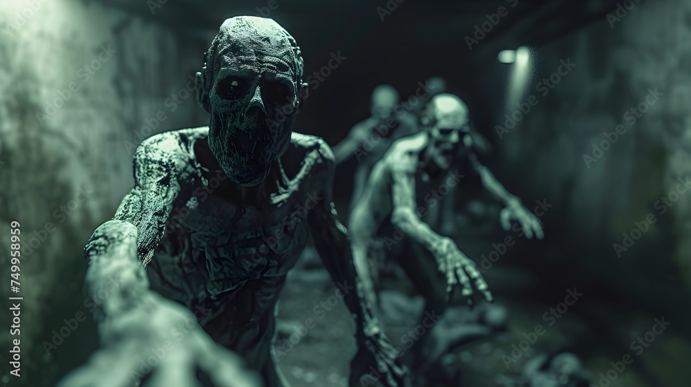 Zombies Running in Dark Hallway and Abandoned Basement in a Post-Apocalyptic Setting Zombies Running in Dark Hallway and Abandoned Basement in a Post-Apocalyptic Setting