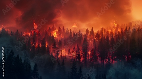 Wildfire Burning in Mountainous Forest Landscape