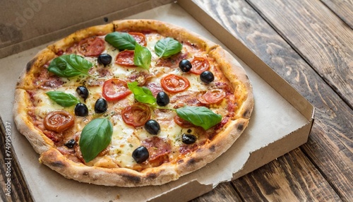 pizza in open carton box on natural wooden table high angle view with copy space