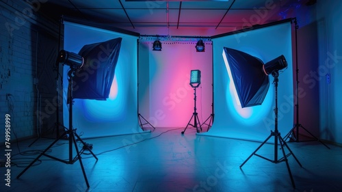 Colorful photo studio setup with lighting equipment - A professional photo studio vibrant lighting gear and modifiers put in place for a photo shoot photo