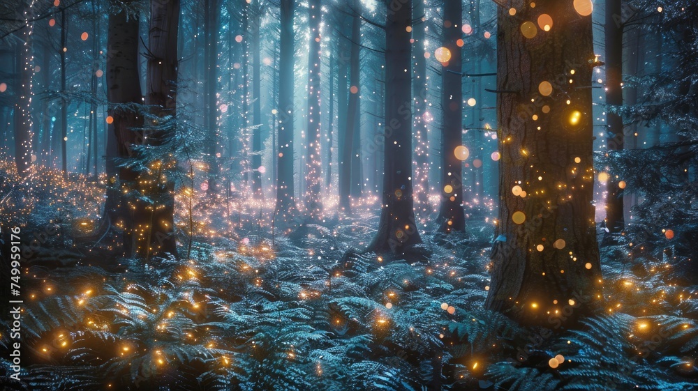 Enchanted forest with twinkling lights at dusk - An enchanted forest bathed in delicate twinkling lights against the deep blues of the dusk creates a scene from a fairytale