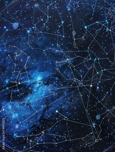 Deep blue cosmic network with constellations - A digital representation of a cosmic network with interconnected constellations on a deep blue background