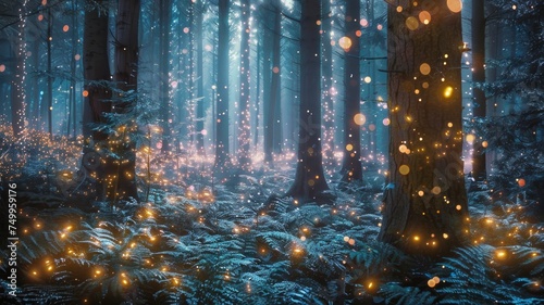 Enchanted forest with twinkling lights at dusk - An enchanted forest bathed in delicate twinkling lights against the deep blues of the dusk creates a scene from a fairytale