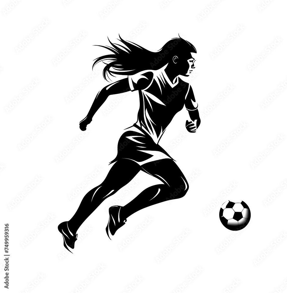 Black and white logo of female soccer player, white background.